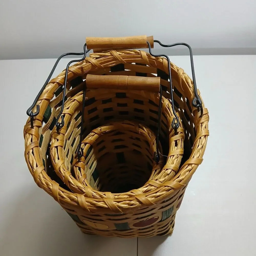 Set of 3 Hand Woven Rattan Wicker Apple Themed Baskets with Wood & Metal Handles